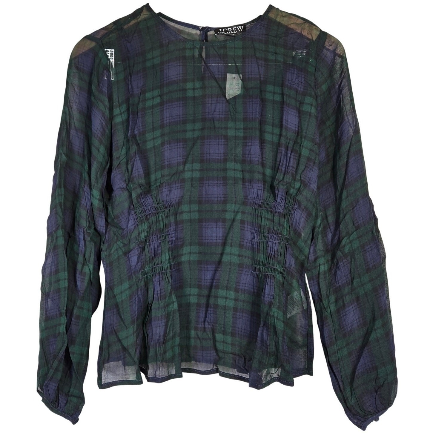 J. Crew Chiffon Shirred-Waist Top In Black Watch Tartan Cooper Green Blue 6 Nwt